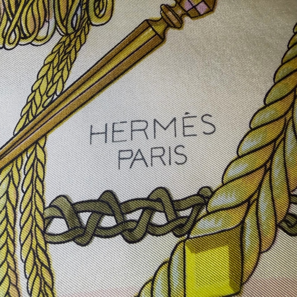 Hermès Paris Silk Scarf Palest Pink with Gold, Brown and Green Accents